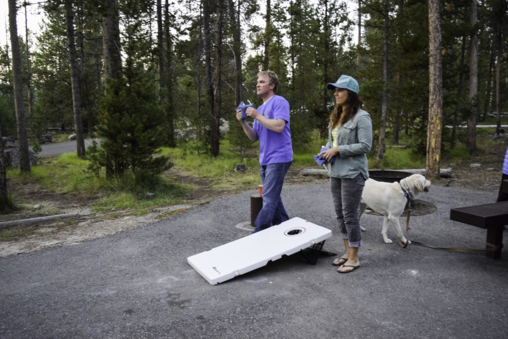 Playing cornhole while camping in Stanley, Idaho
