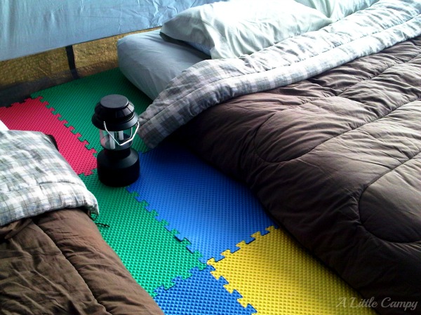 DIY foam floor tiles in camping tent