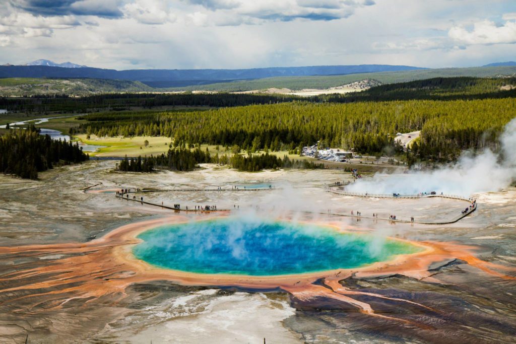 Grand Prismatic Springs seen from above on Fairy Falls trail, Yellowstone National Park, Wyoming
