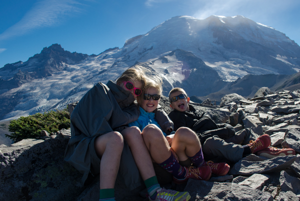 Kids enjoying the view of Mt Rainier National Park, Washington