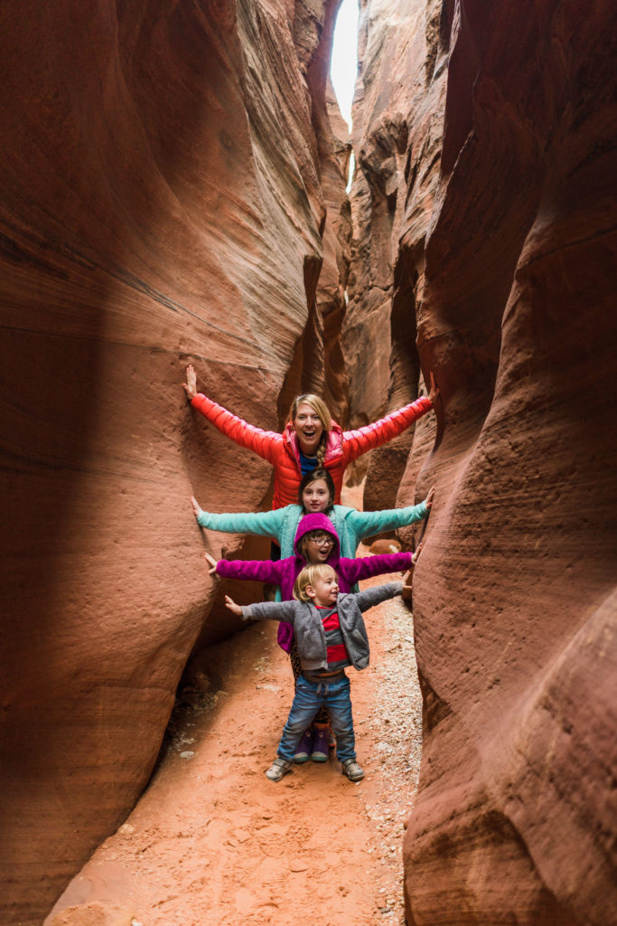 Mom and kids in Wire Pass slot canyon, Kanab, Utah