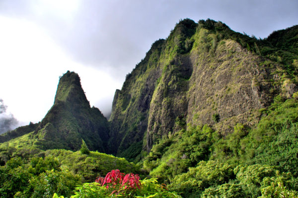 Scenic Iao needle located on Maui, Hawaii. Tropical travel destination. Lush tropical foliage, mountains and valleys.