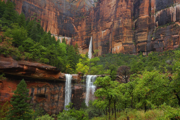 Three waterfalls are produced during a heavy rain at The Emerald Pools at Zion National Park