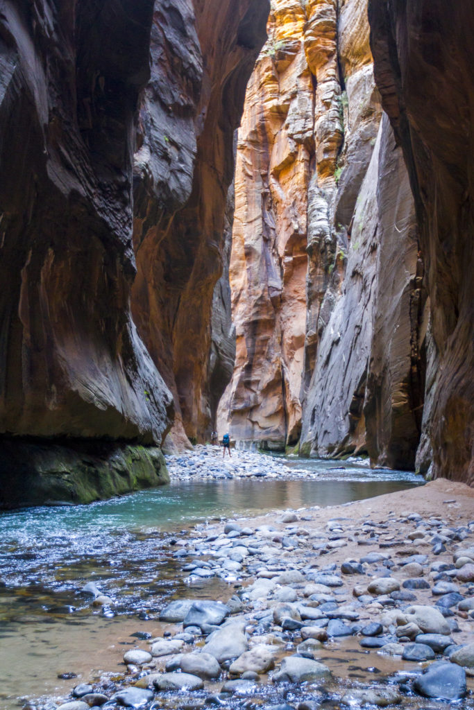 Landscape shot of hiker walking through the narrows in Zion National Park