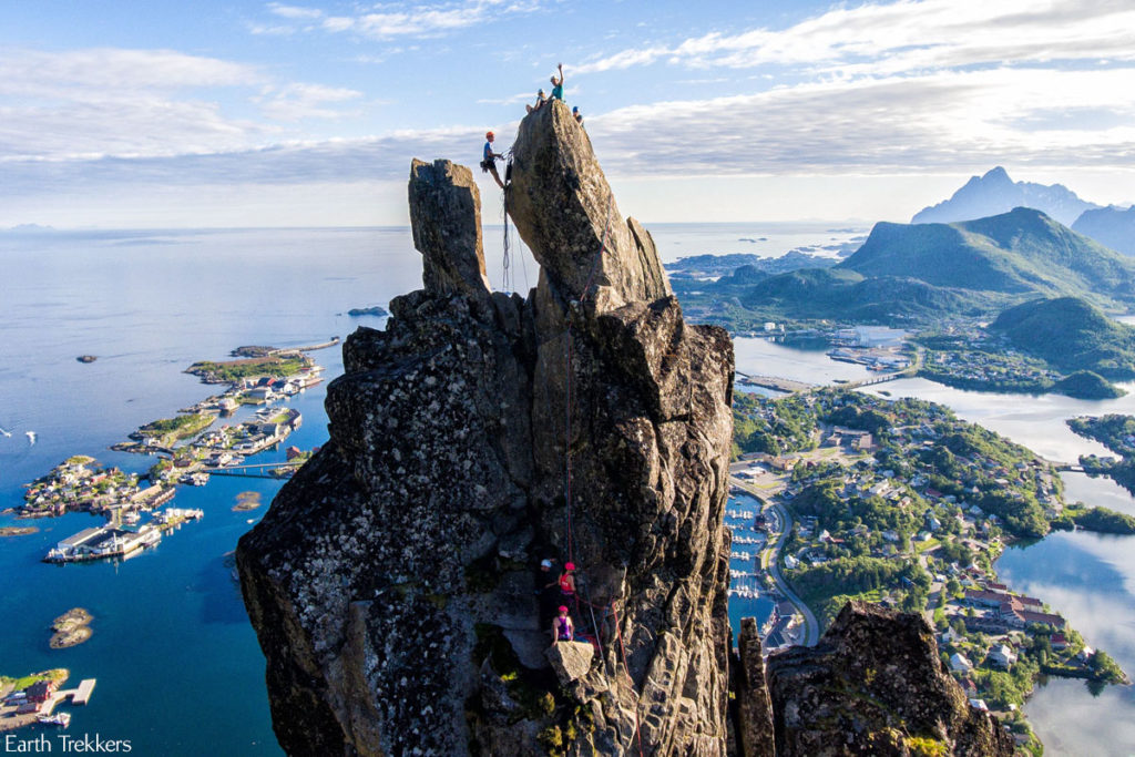 Rock climbing "The Goat" near Svolvaer, Norway