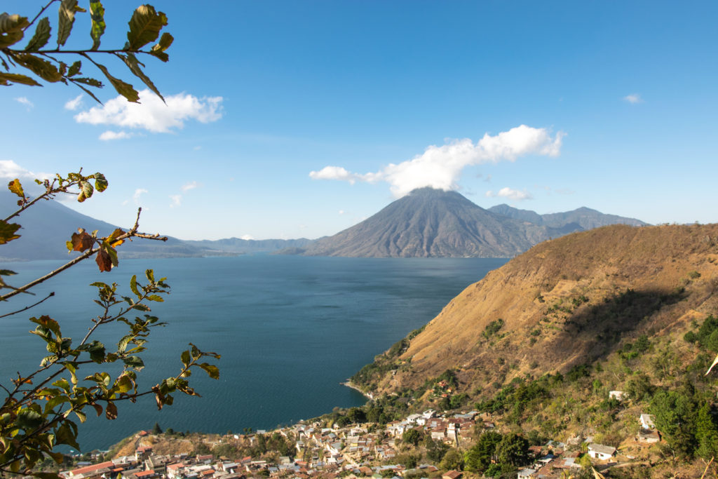 View from the trail to El Pico de Cielo looking down on Lake Atitlan and the village of Santa Cruz La Laguna, Guatemala