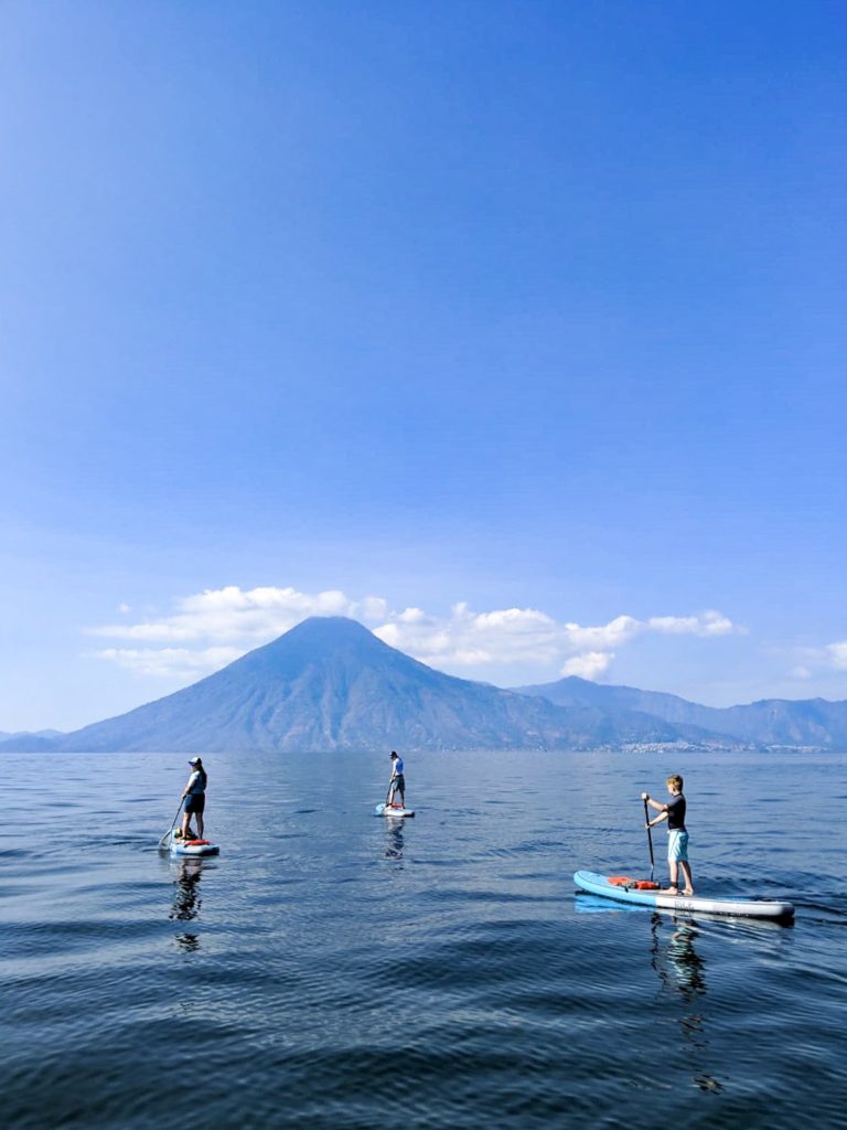 Group paddleboarding near San Marcos, Lake Atitlan Guatemala with SUP Atitlan