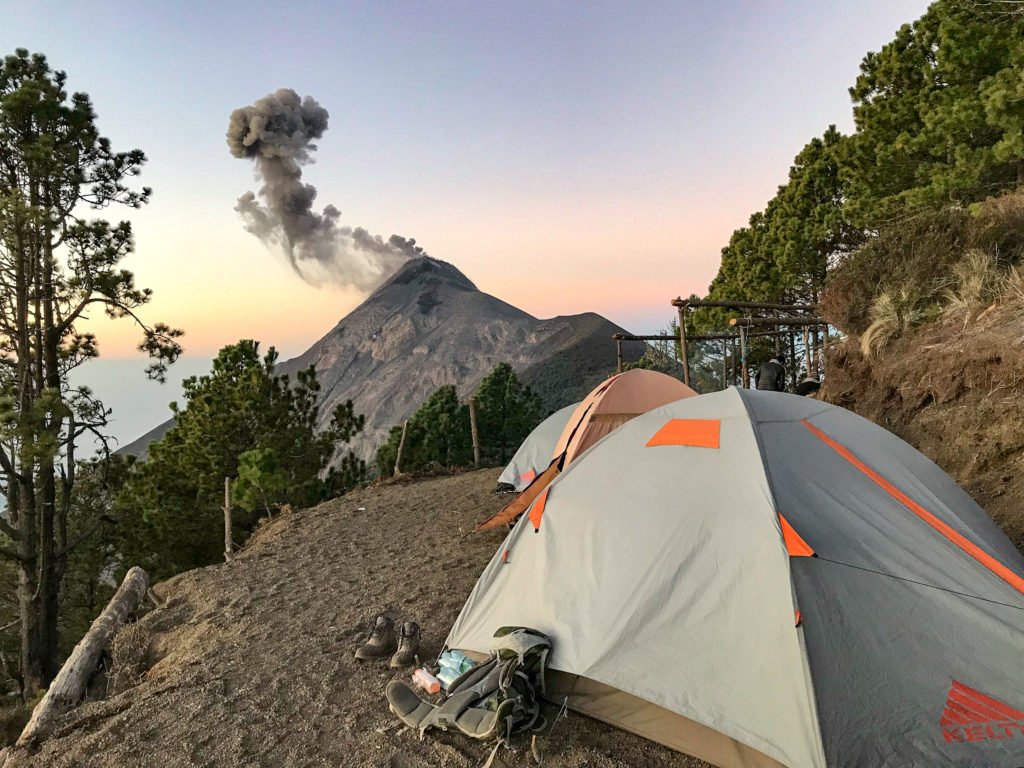 Tents at base camp on Acatenango overlooking Volcano Fuego, Guatemala