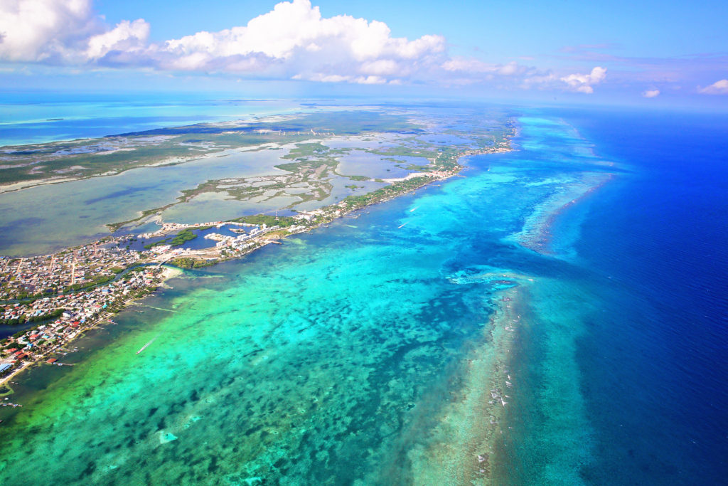 Aerial view of Ambergis Caye, commonly known as San Pedro, Belize