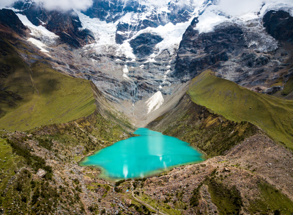 Aerial view of Humantay lake in Peru on Salkantay mountain in the Andes
