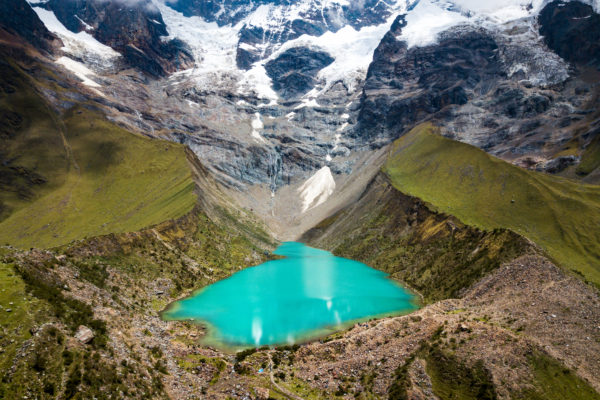Aerial view of Humantay lake in Peru on Salkantay mountain in the Andes, Peru