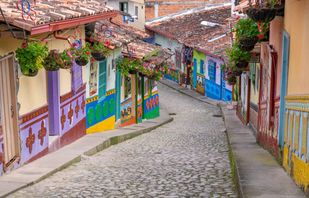 The colorful town and cobblestone streets of Guatape, Colombia