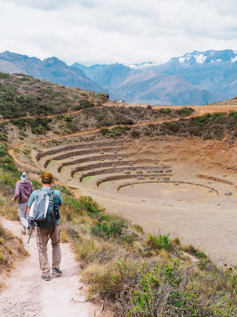 Walking along the trails of the Moray ruins, Peru