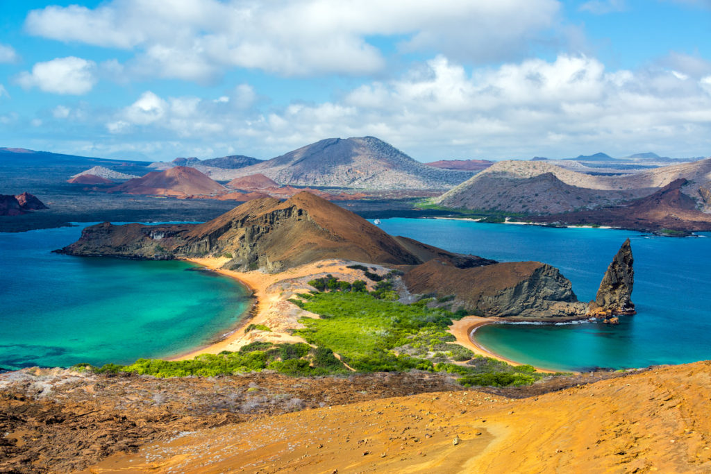 The iconic Galapagos viewpoint, seen from the island of Bartolome, Galapagos, Ecuador