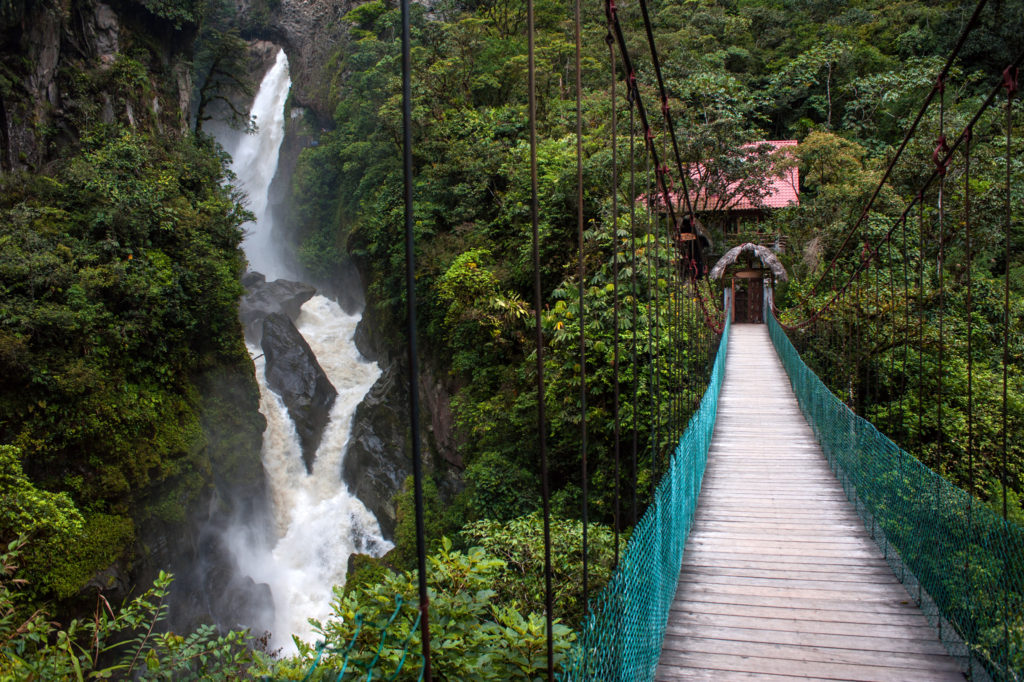 The hanging bridge leading to Pailon del Diablo waterfall, Banos, Ecuador