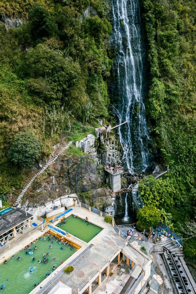 Aerial view of Termas de la Virgen hot springs, Banos, Ecuador