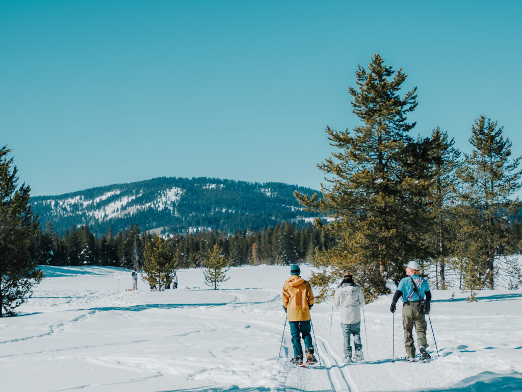 Snowshoers enjoying the views along the John Muir trail at Harriman State Park, Idaho