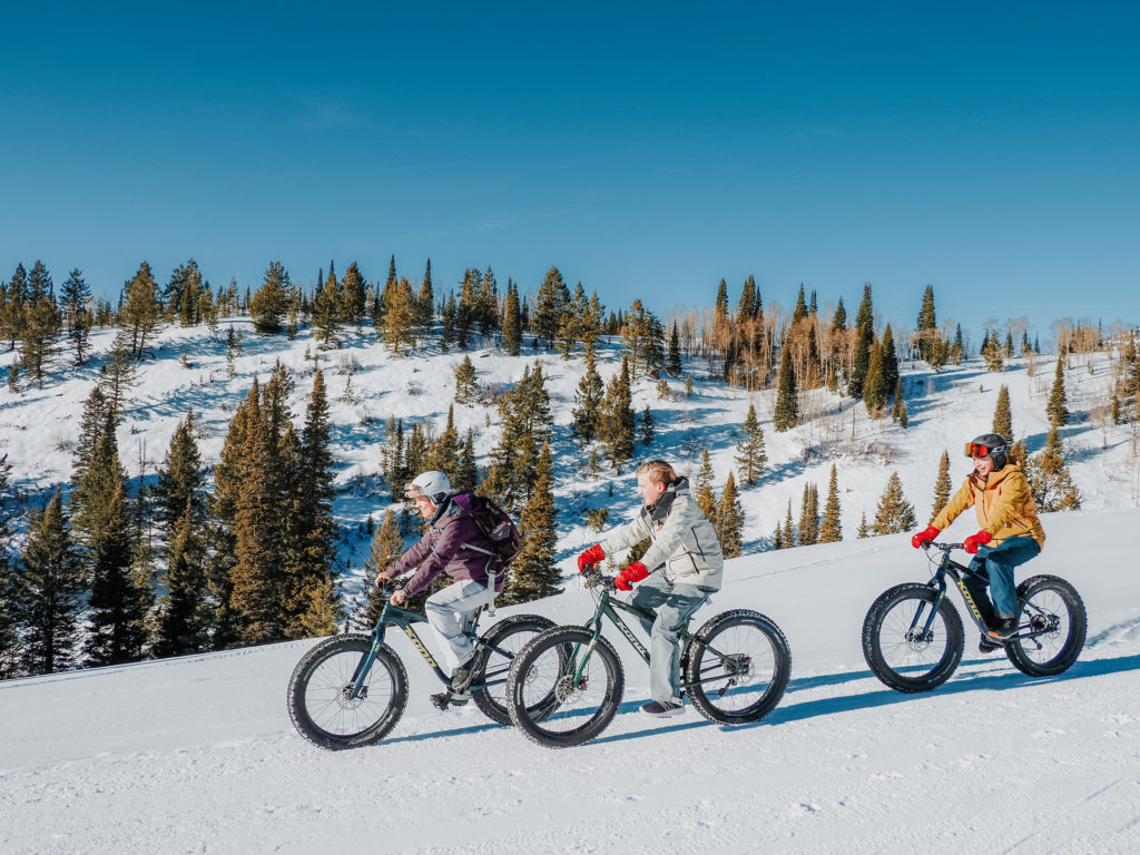 3 people fat biking on nordic trails at Grand Targhee Ski Resort, Wyoming